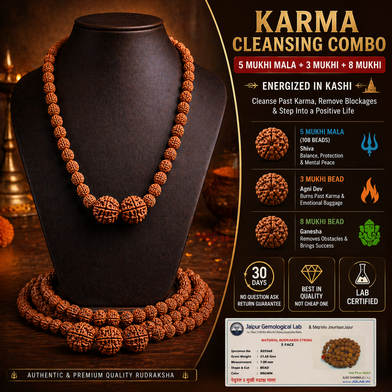 Karma Cleansing Combo – 5 Mukhi Mala + 3 Mukhi + 8 Mukhi | Energized in Kashi