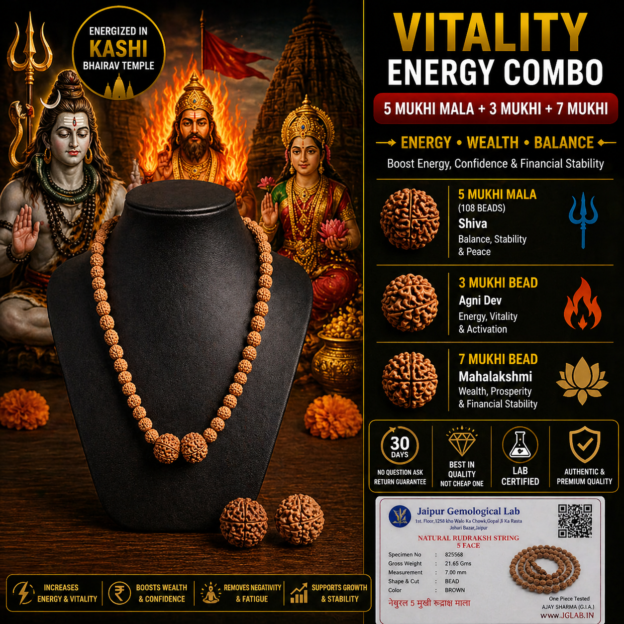 Vitality Energy Combo – 5 Mukhi Mala + 3 Mukhi + 7 Mukhi | Energized in Kashi