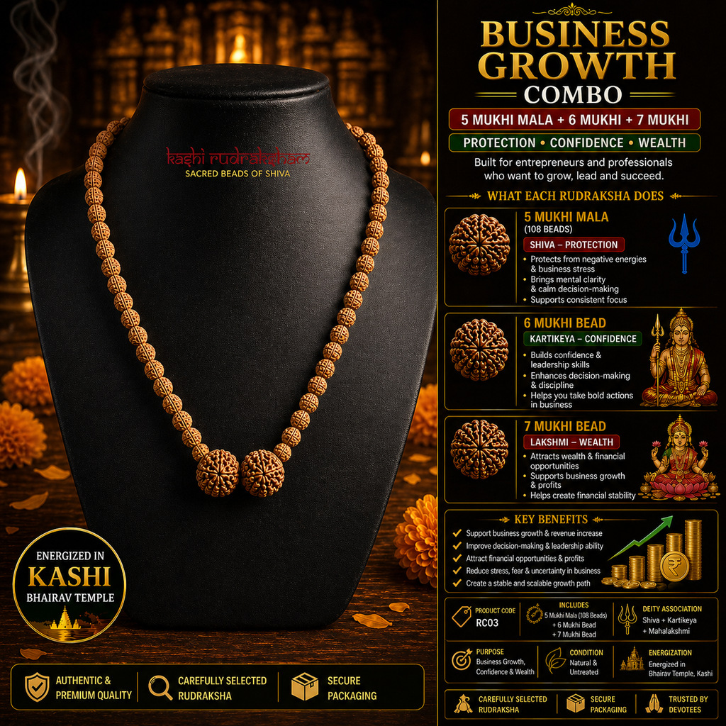Business Growth (Dhanyog) Combo – 5 Mukhi Mala + 6 Mukhi Nepali + 7 Mukhi Nepali | Energized in Kashi