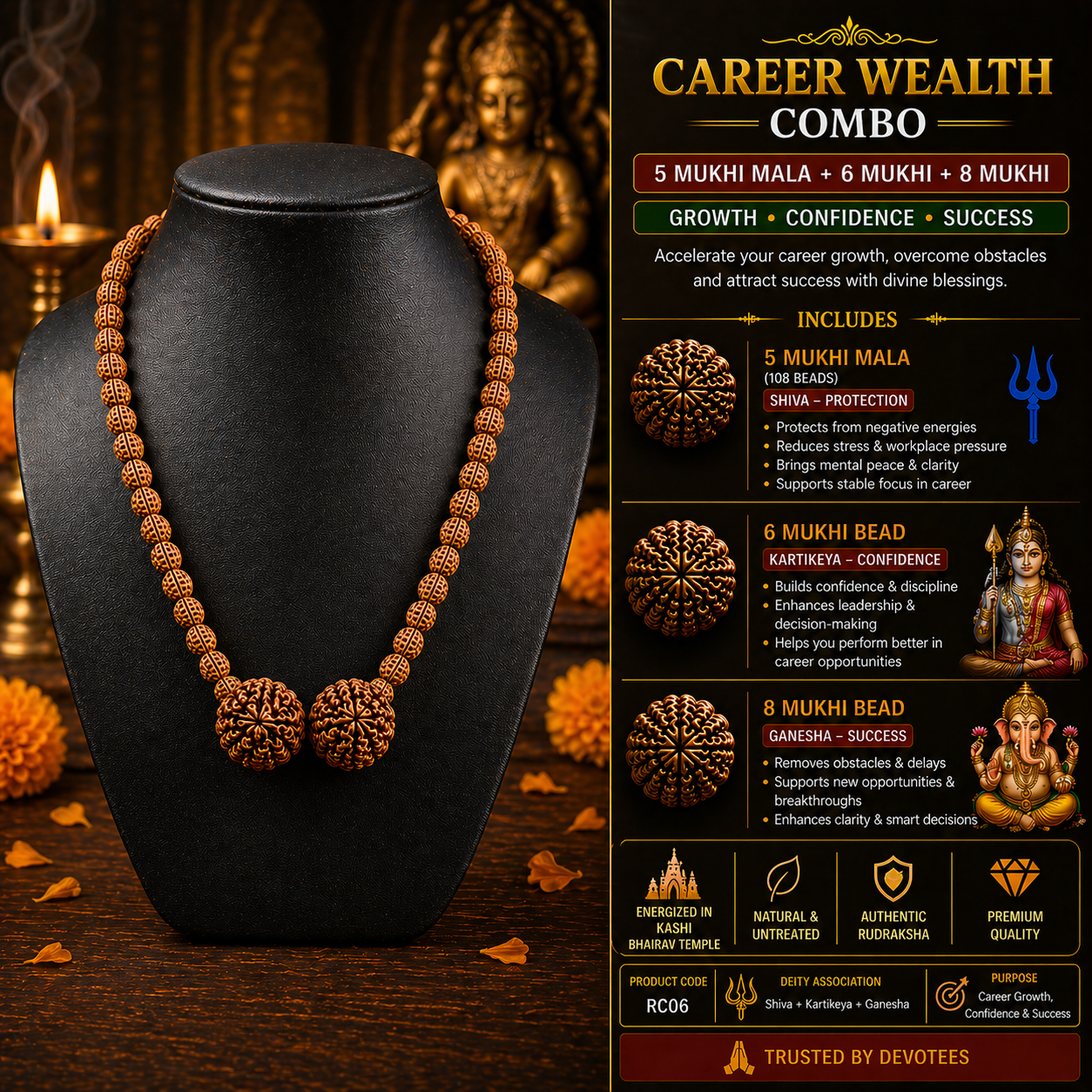 Career Wealth Combo – 5 Mukhi Mala + 6 Mukhi + 8 Mukhi | Energized in Kashi