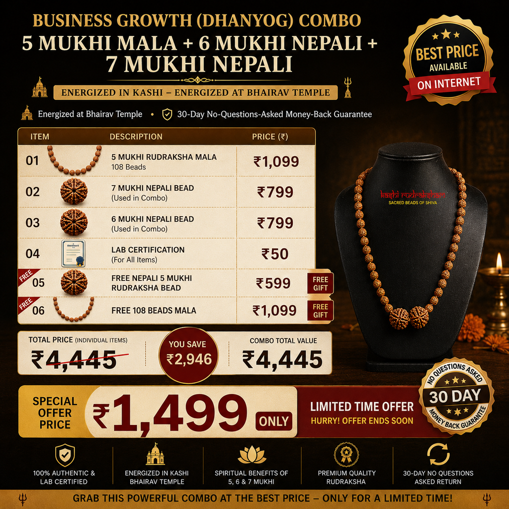 Business Growth (Dhanyog) Combo – 5 Mukhi Mala + 6 Mukhi Nepali + 7 Mukhi Nepali | Energized in Kashi