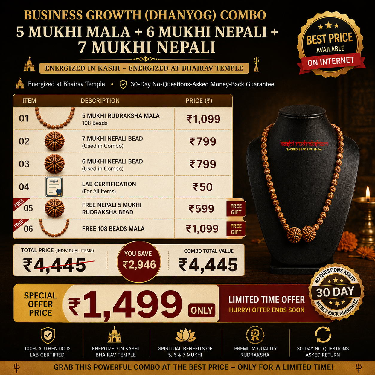Business Growth (Dhanyog) Combo – 5 Mukhi Mala + 6 Mukhi Nepali + 7 Mukhi Nepali | Energized in Kashi
